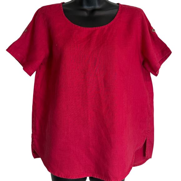Kleen Tops - Kleen 100% Linen Red Blouse Womens Small Roll Tab Sleeve Lightweight Summer Top